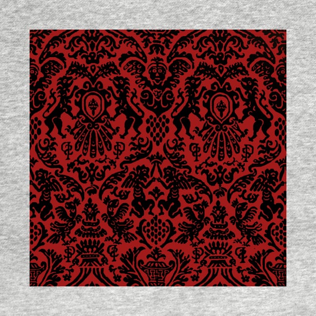 Black on Red Gothic Weird Medieval Lions, Cherubs, and Skulls Scrollwork Damask by JamieWetzel